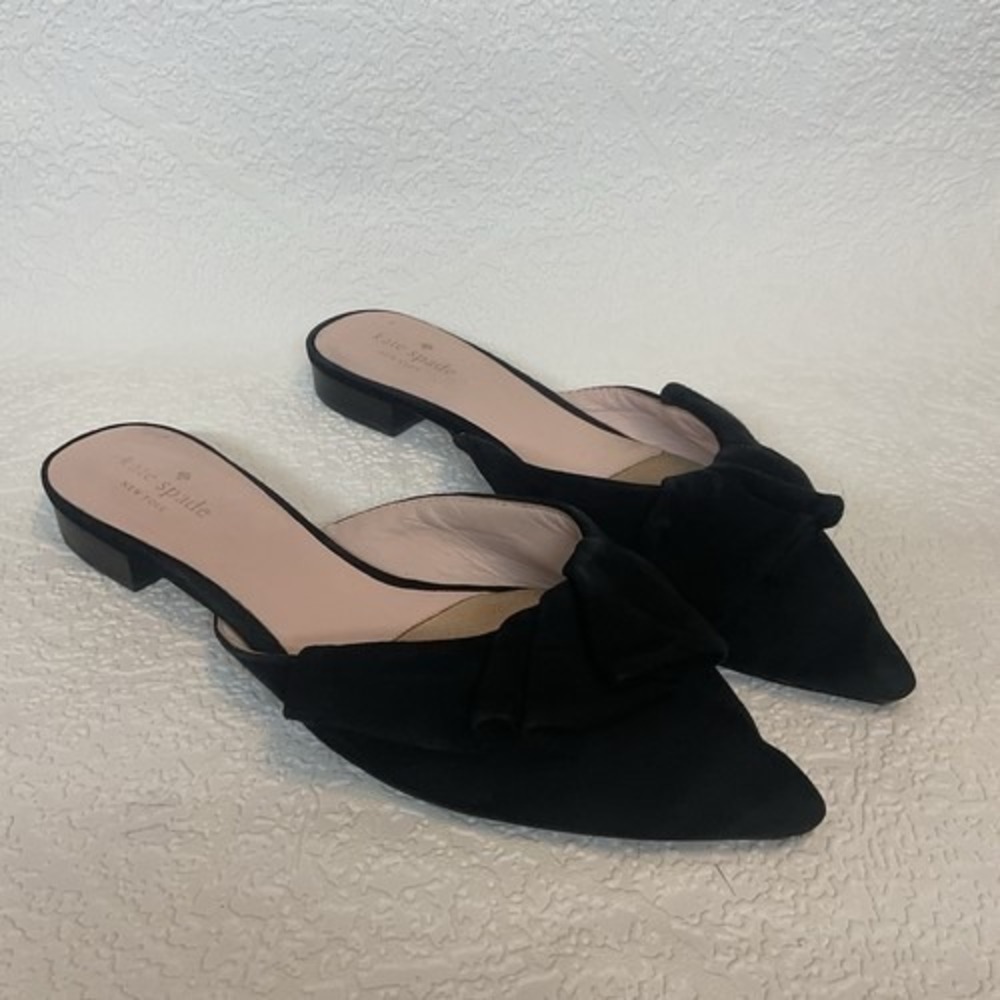 Kate Spade New York Faryn Black Ruffle Bow Flat Mules Women 10M China Suede - Picture 10 of 10
